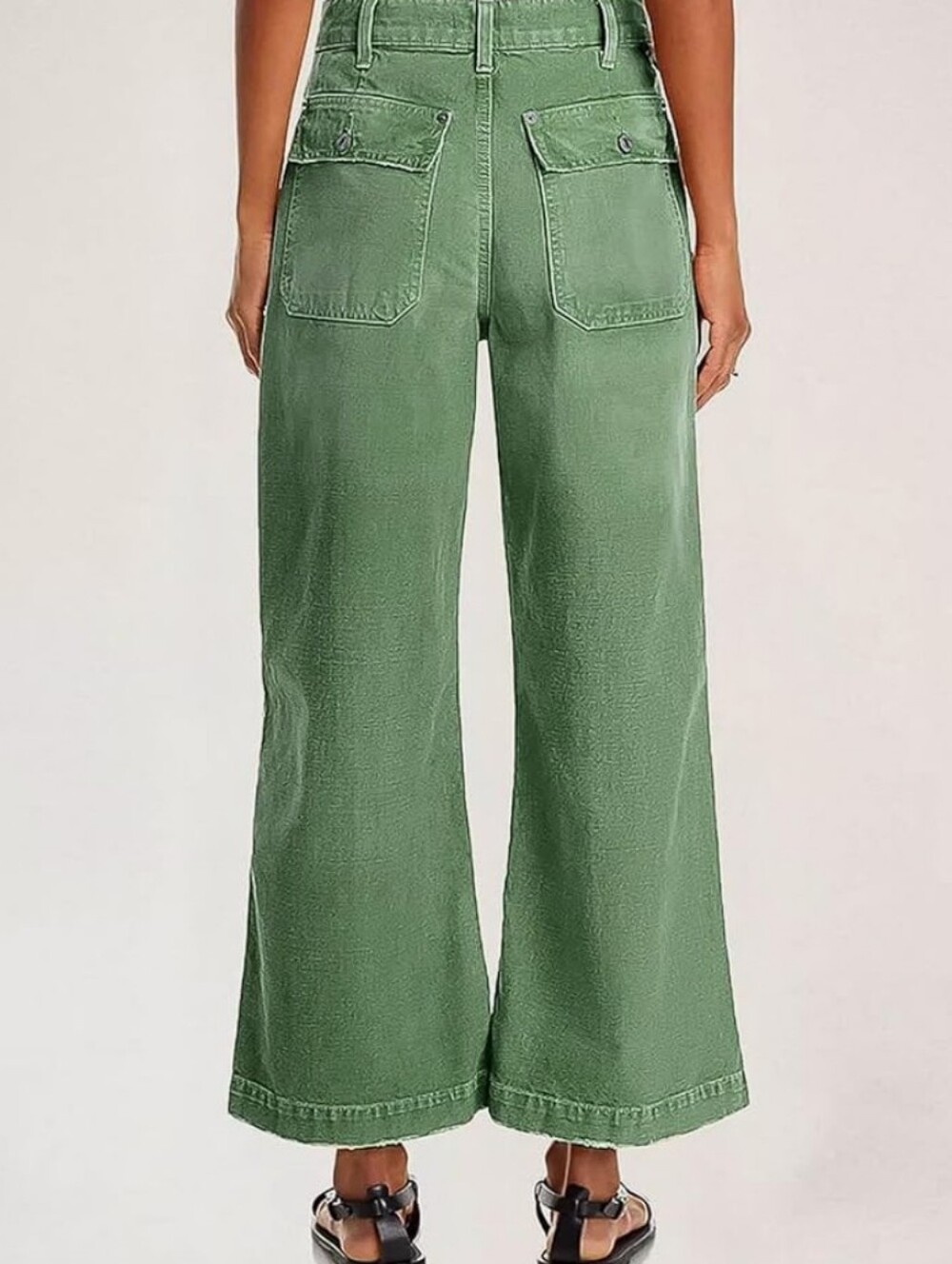 Flamingals Mid Waist Wide Leg Green Pants Raw Hem NWT Medium - Picture 3 of 9